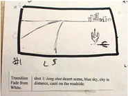 Storyboard shot 1: Long shot desert scene, blue sky, city in distance, cacti on the roadside