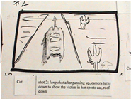 Storyboard shot 2: long shot after panning up, camera turns down to show the victim in her sports car, roof down