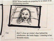 Storyboard shot 3: close up victims face behind the windscreen, she looks happy, listening to her favourite music