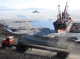 The wind turbine blades were transported to McMurdo Station in February 2009, ready for the 2009/2010 summer season. Photo by Scott Bennett.