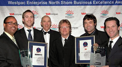 The Inveratek team Edward Scott (far left), Bradley Mitchell (second from left), Michael Kessell (second from right) and Paul Adams (far right), with two recent awards, the 3M NZ Excellence in Innovation Award received from Terry Roper of 3M (third from left) and the Benefitz Best New Start-up Business Award received from Aidan Bennett of Benefitz (third from right).